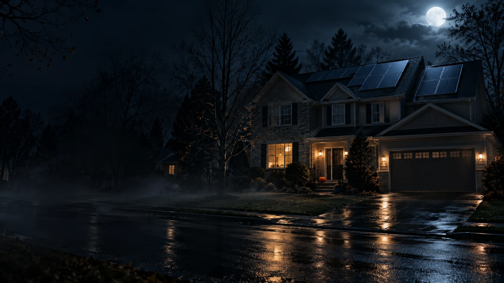Moonlight and low fog surround a suburban home with solar panels on its roof.
