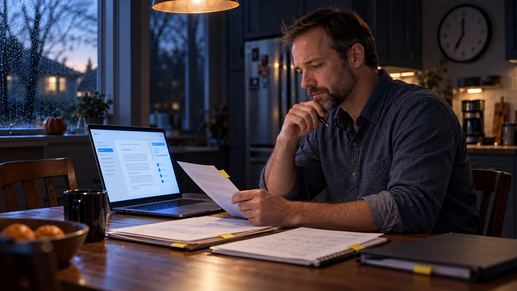 Steve calmly organizes his solar agreement beside a laptop during a professional document review.