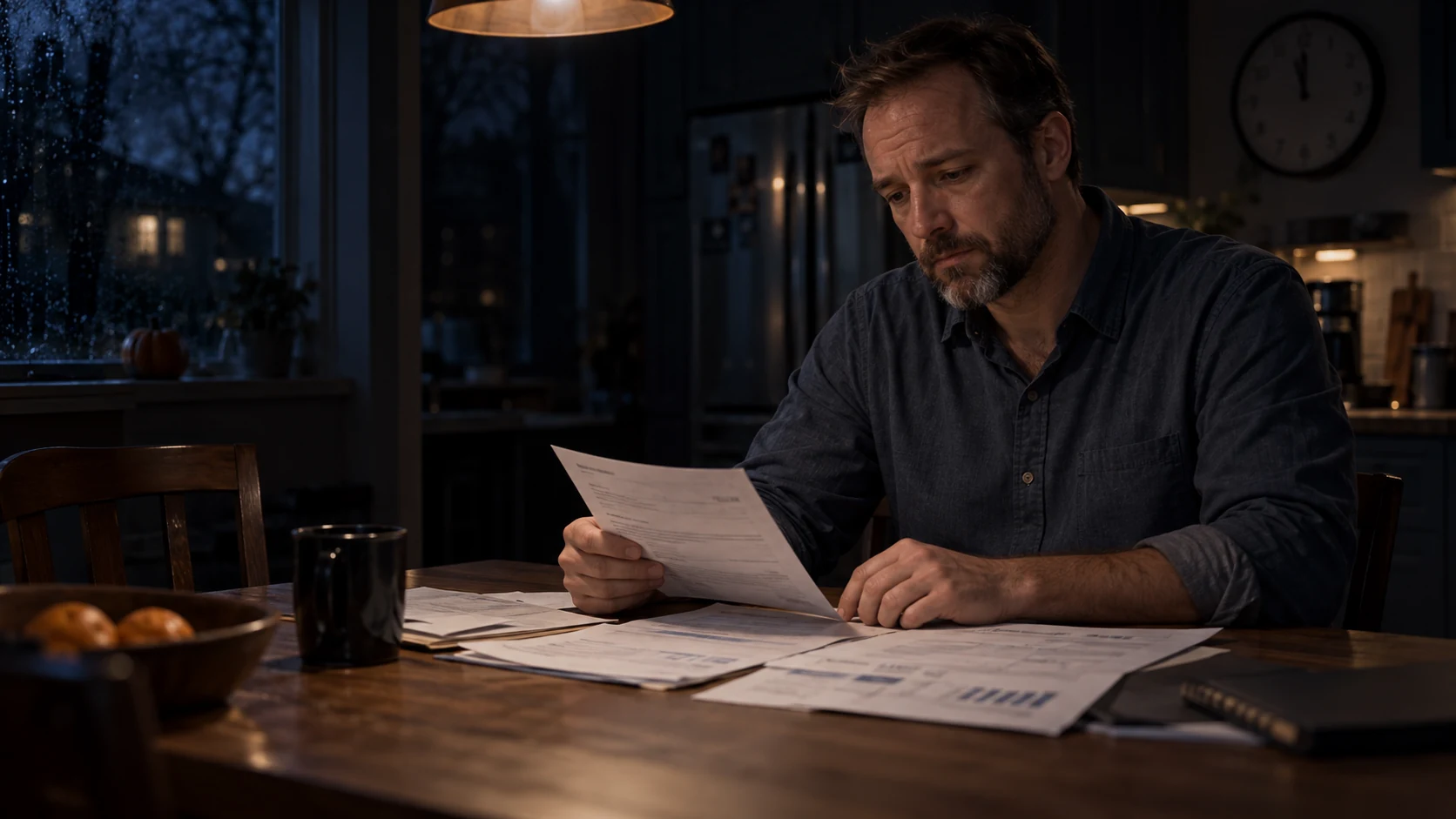 Fictional homeowner Steve studies a bill at his kitchen table in a dim, moonlit room.