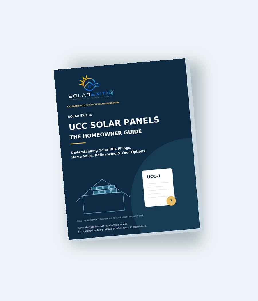 Printed-cover mockup of the actual 15-page Solar EXIT IQ UCC Homeowner Guide