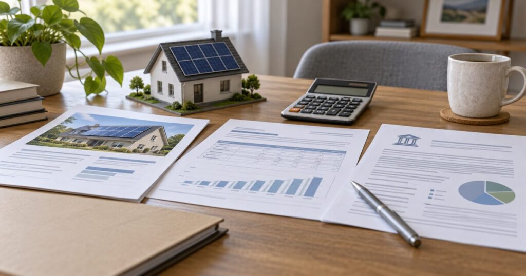Solar proposal, financing schedule and tax paperwork beside a solar-powered house model.
