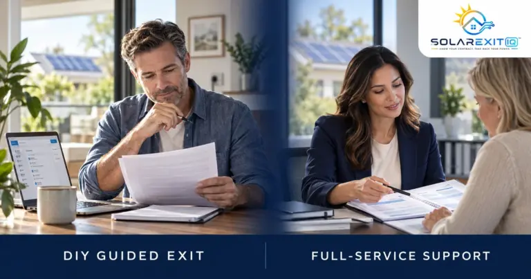 DIY homeowner reviewing a solar contract beside a laptop, compared with a full-service coordinator assisting a homeowner