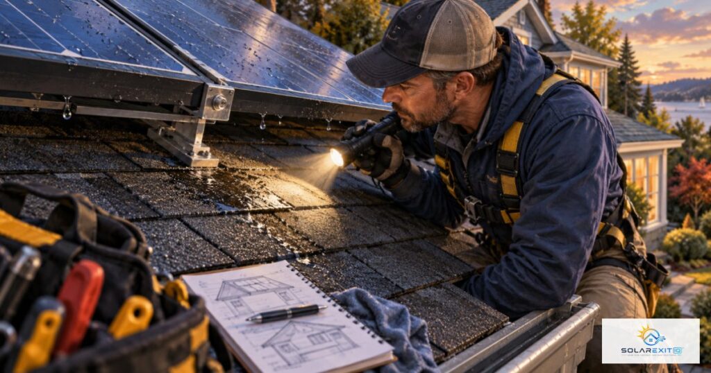 Inspection of solar panel mounting and a roof leak