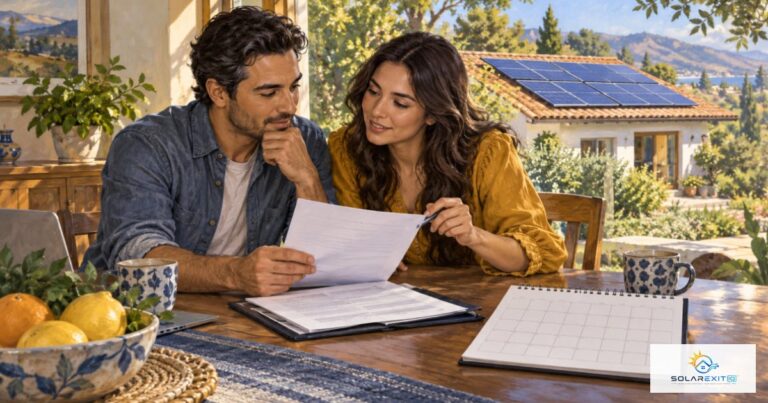 Calendario, reloj y documentos de un contrato solar