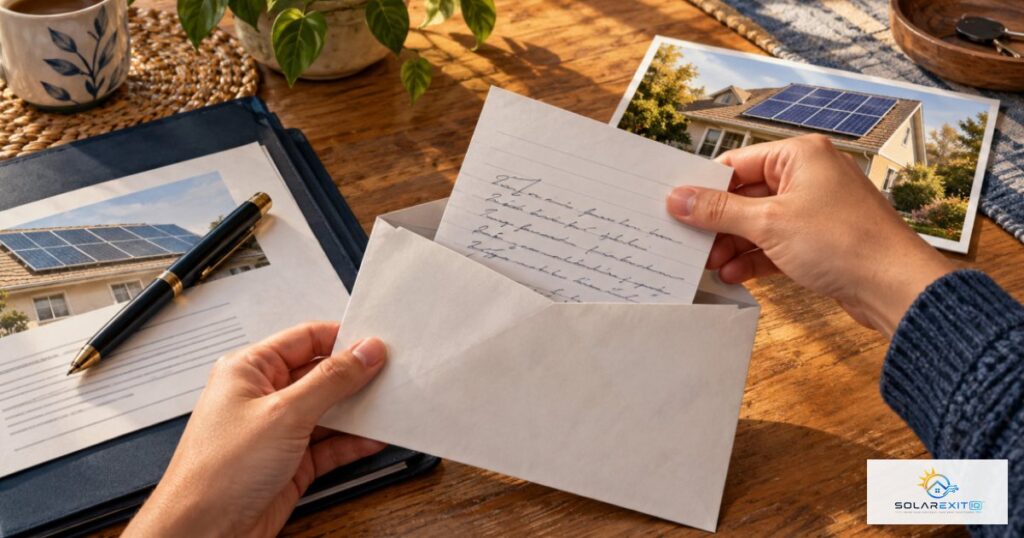 Bolígrafo, correspondencia y documentos de un contrato solar