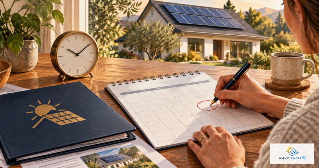 Calendario, reloj y documentos de un contrato solar