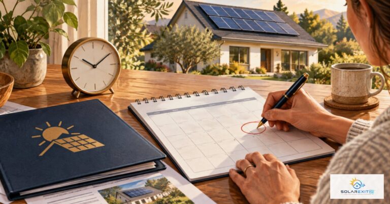 Calendario, reloj y documentos de un contrato solar