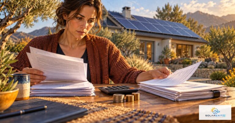 Persona revisando un contrato junto a una casa con paneles solares