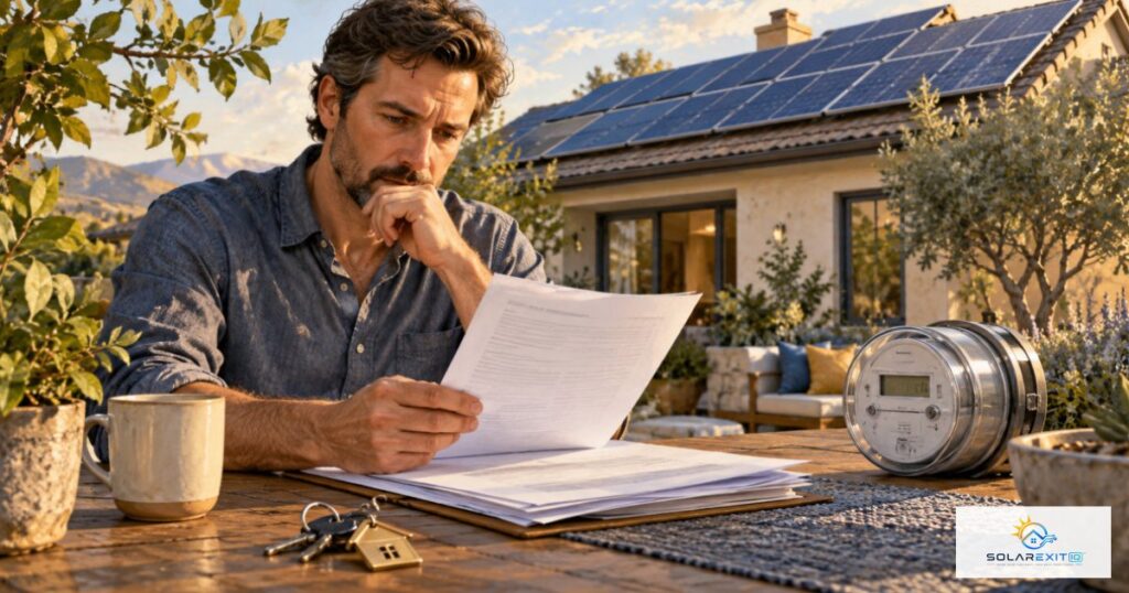 Llaves y documentos de un acuerdo con una casa con paneles solares