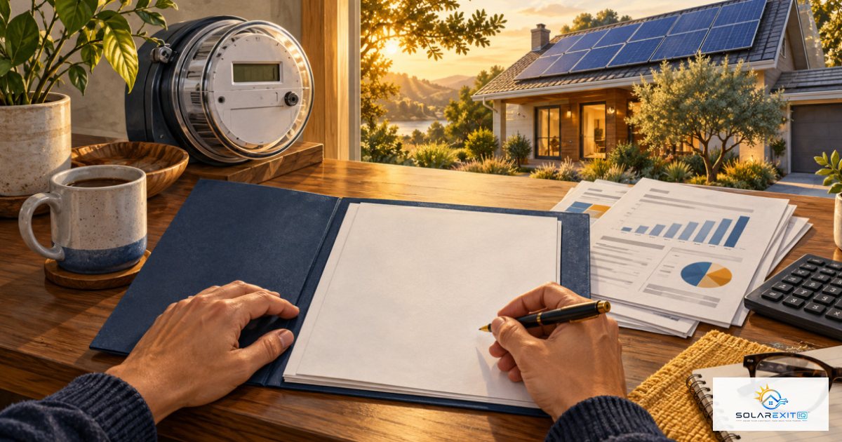 Calculadora, facturas solares y registros de pagos
