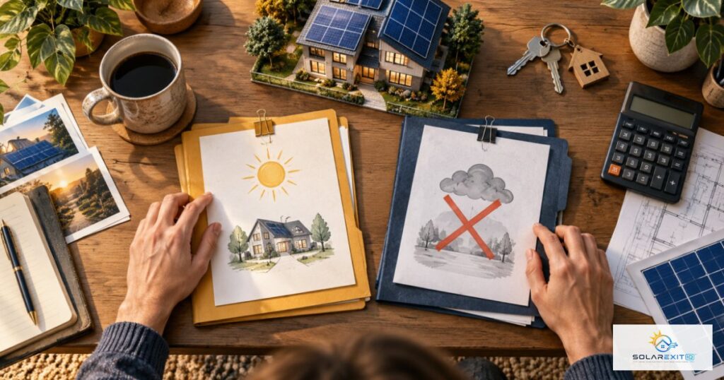 Comparaci&oacute;n de documentos de un contrato y propiedad del sistema solar