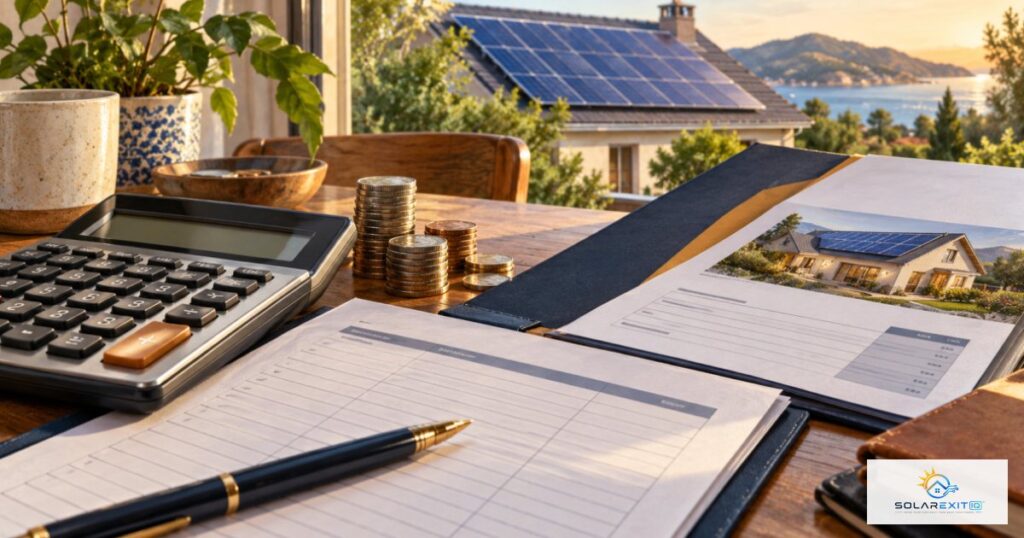 Calculadora, facturas solares y registros de pagos
