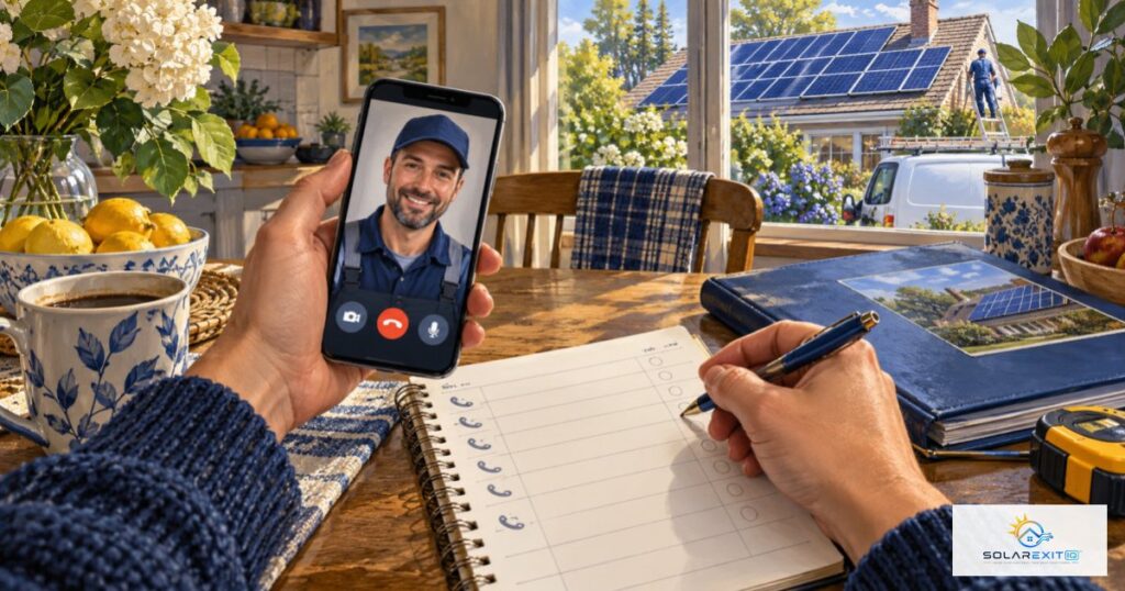 Phone, call-log notebook and service records beside a solar-equipped home