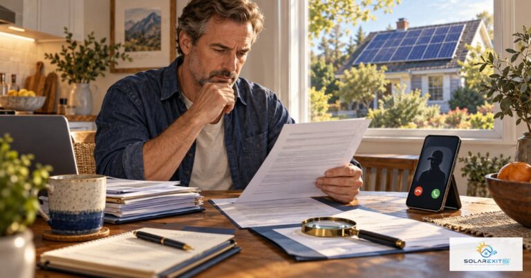 Homeowner reviewing solar exit documents beside a suspicious sales call, with rooftop solar panels outside