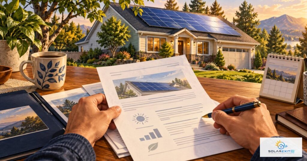 Homeowner reviewing a solar agreement beside a home with rooftop panels