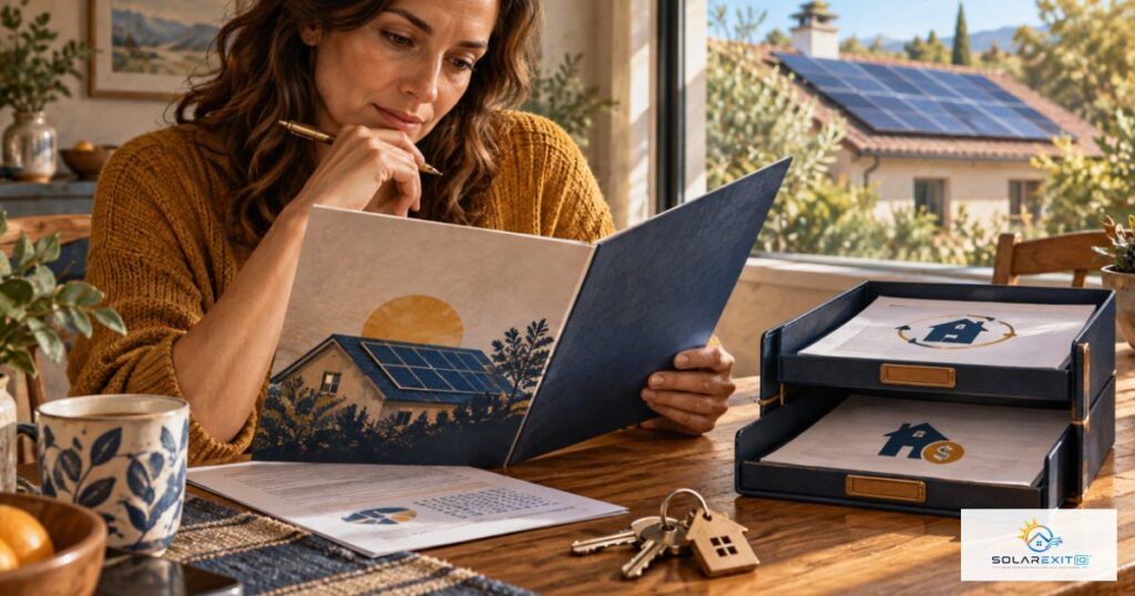 Homeowner reviewing a solar agreement beside a home with rooftop panels