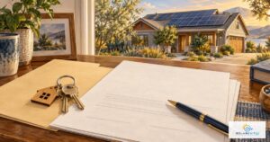 House keys and solar agreement paperwork beside a home with rooftop panels; Solar EXIT IQ logo.