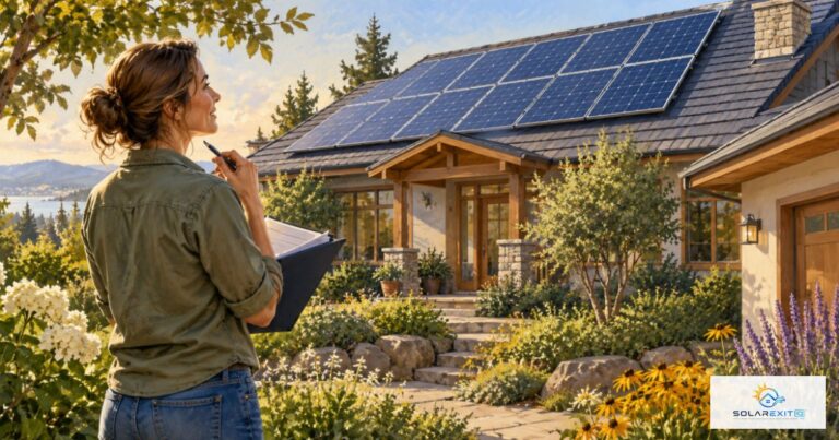 Homeowner reviewing a solar agreement beside a home with rooftop panels
