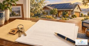 House keys and solar agreement paperwork beside a home with rooftop panels; Solar EXIT IQ logo.