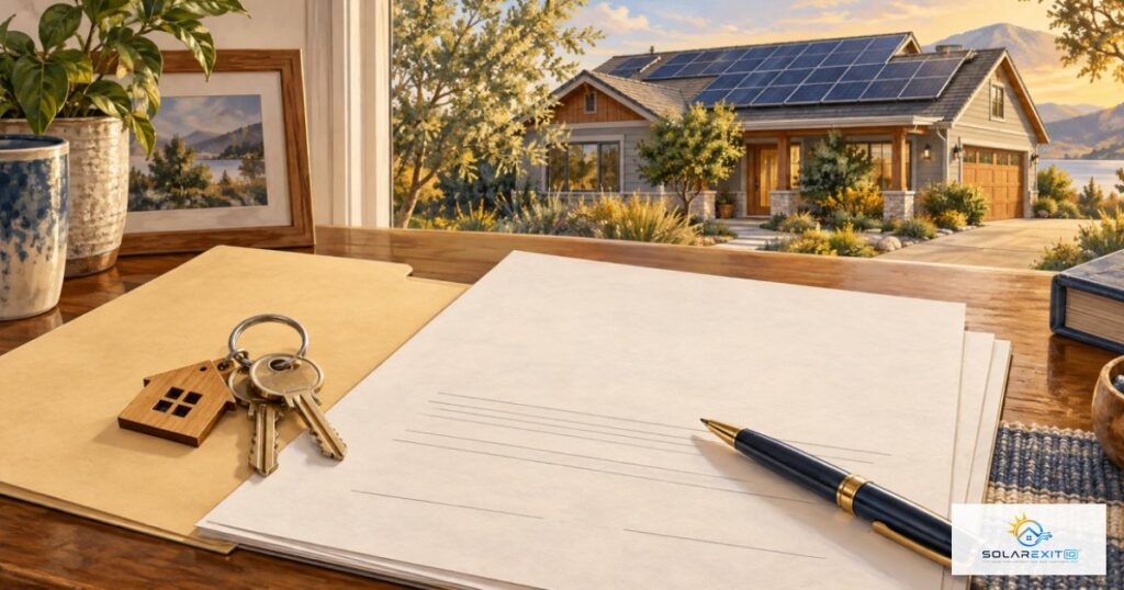 House keys and solar agreement paperwork beside a home with rooftop panels; Solar EXIT IQ logo.