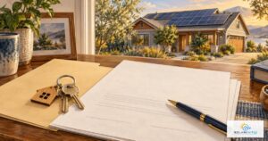 House keys and solar agreement paperwork beside a home with rooftop panels; Solar EXIT IQ logo.