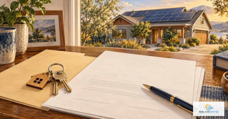 House keys and solar agreement paperwork beside a home with rooftop panels; Solar EXIT IQ logo.