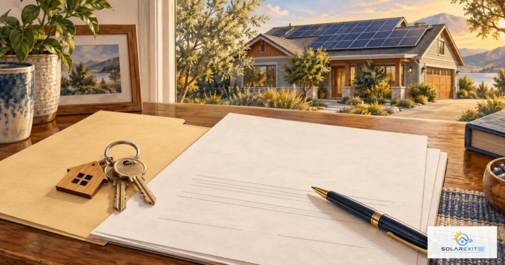 House keys and solar agreement paperwork beside a home with rooftop panels; Solar EXIT IQ logo.