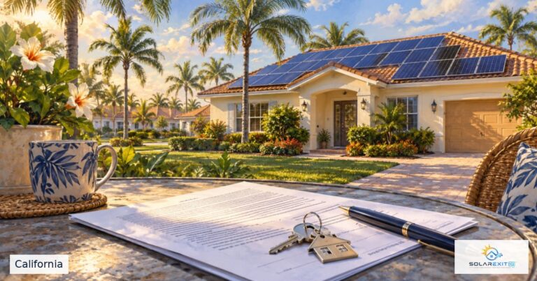 Illustration of a Florida home with rooftop solar panels and homeowner agreement records; Solar EXIT IQ logo.