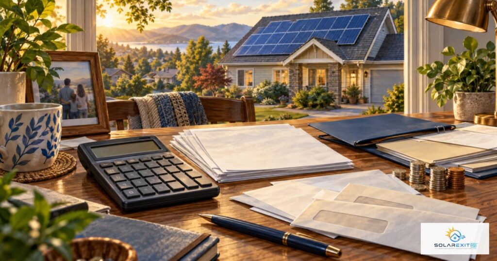 Solar financing paperwork and a calculator beside a residential solar home