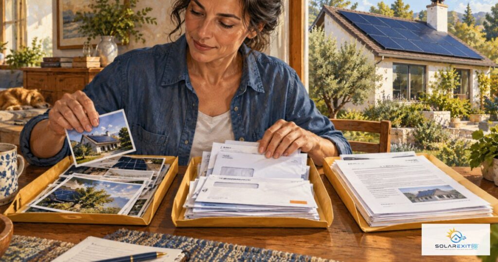 Homeowner reviewing a solar agreement beside a home with rooftop panels