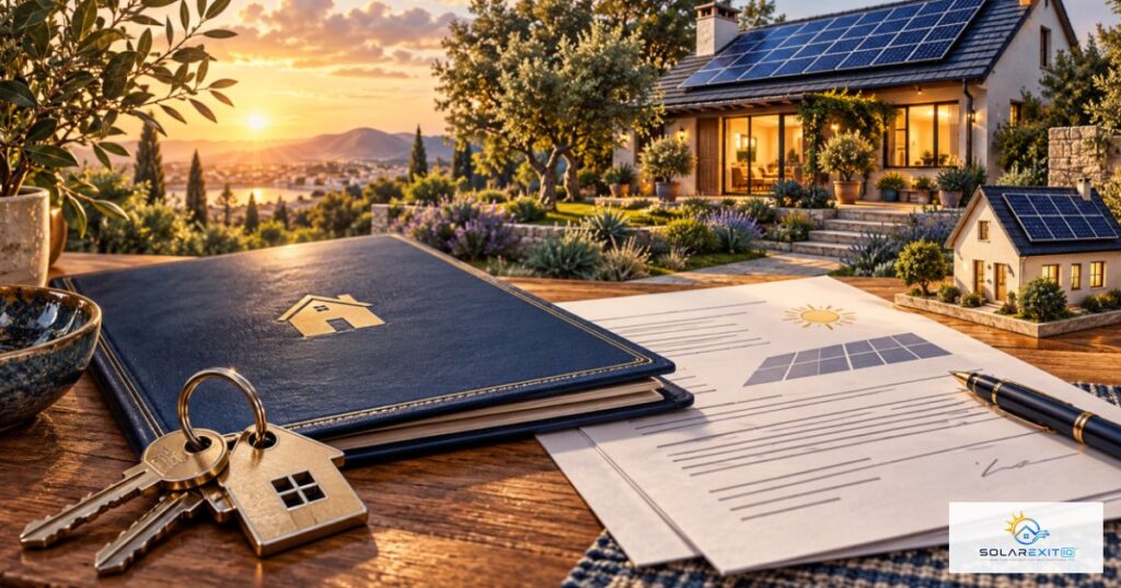House keys, home-sale paperwork and residential solar panels