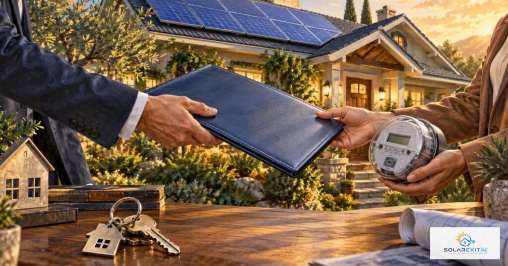 House keys and agreement documents with a solar-equipped home