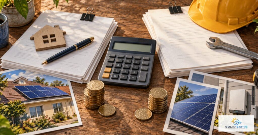 Solar billing paperwork, calculator and payment records