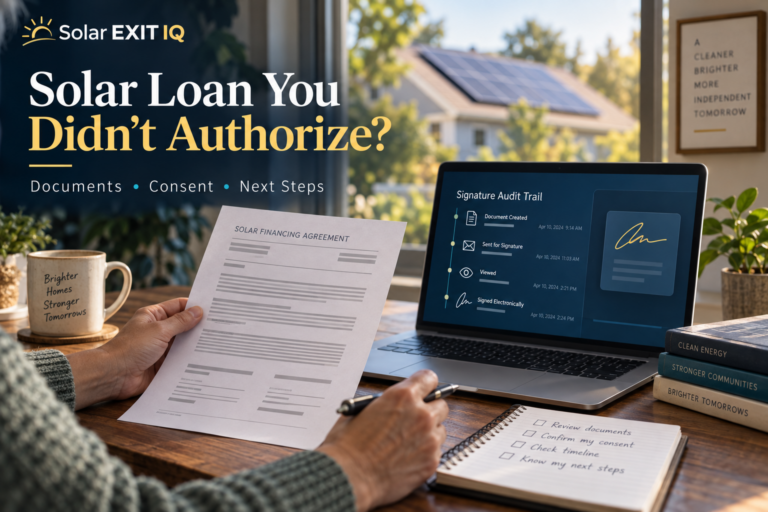 Solar EXIT IQ illustration of a homeowner reviewing an unauthorized solar loan agreement and electronic signature records