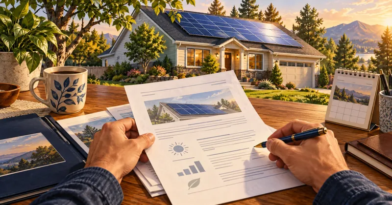 Illustrative solar contract review with organized paperwork beside a home with rooftop panels