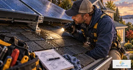 Inspection of solar panel mounting and a roof leak