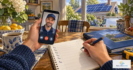 Phone, call-log notebook and service records beside a solar-equipped home