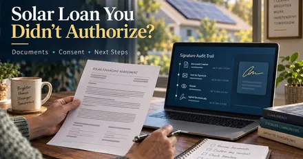 Solar EXIT IQ illustration of a homeowner reviewing an unauthorized solar loan agreement and electronic signature records