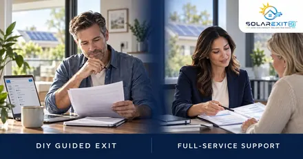 DIY homeowner reviewing a solar contract beside a laptop, compared with a full-service coordinator assisting a homeowner