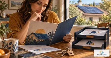 Homeowner reviewing a solar agreement beside a home with rooftop panels
