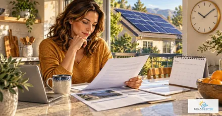 Homeowner reviewing a solar agreement beside a home with rooftop panels