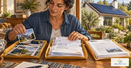 Homeowner reviewing a solar agreement beside a home with rooftop panels