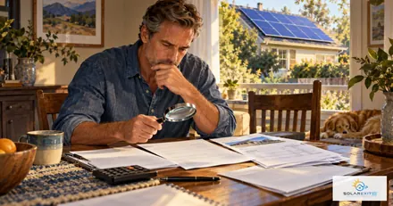 Homeowner comparing solar sales paperwork with supporting records