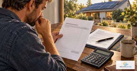 Homeowner reviewing a solar agreement beside a home with rooftop panels