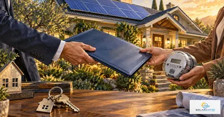 House keys and agreement documents with a solar-equipped home