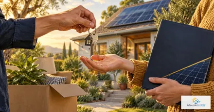 House keys, home-sale paperwork and residential solar panels